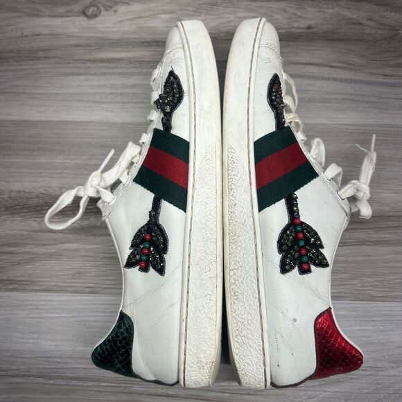 Gucci Ace Sneakers Women's Sz 37.5 Embroidered Arrow White Leather Crystal Shoe - Picture 3 of 14